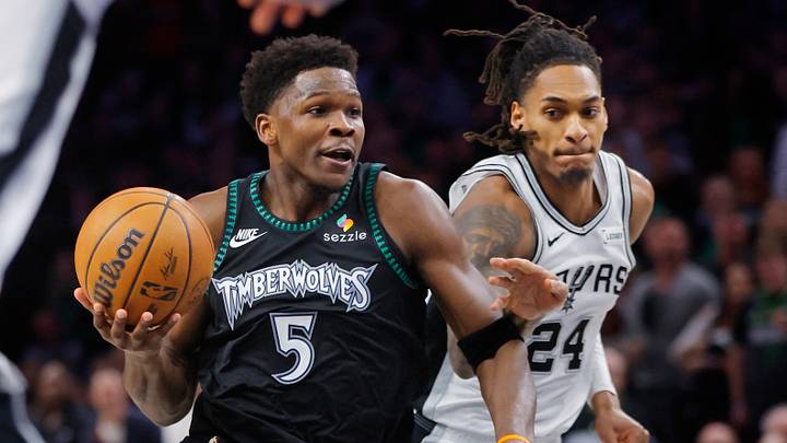 May 10, 2026; Minneapolis, Minnesota, USA; Minnesota Timberwolves guard Anthony Edwards (5) goes to the basket past San Antonio Spurs guard Devin Vassell (24) in the fourth quarter of game four of the second round of the 2026 NBA Playoffs at Target Center. Mandatory Credit: Bruce Kluckhohn-Imagn Images May 10, 2026; Minneapolis, Minnesota, USA; Minnesota Timberwolves guard Anthony Edwards (5) goes to the basket past San Antonio Spurs guard Devin Vassell (24) in the fourth quarter of game four of the second round of the 2026 NBA Playoffs at Target Center. Mandatory Credit: Bruce Kluckhohn-Imagn Images