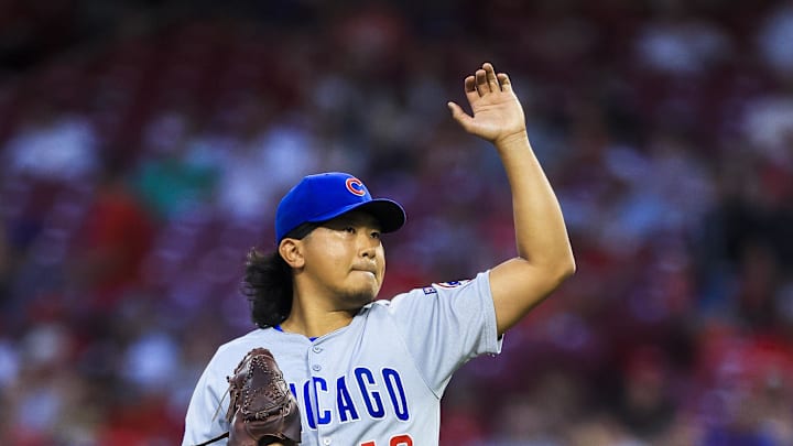 Sep 19, 2025; Cincinnati, Ohio, USA; Chicago Cubs starting pitcher Shota Imanaga (18) pitches against the Cincinnati Reds in the third inning at Great American Ball Park. Mandatory Credit: Katie Stratman-Imagn Images