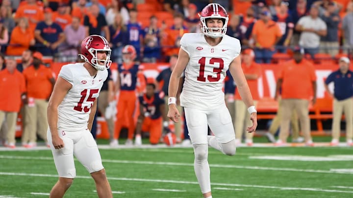 Sep 20, 2024; Syracuse, New York, USA; Stanford Cardinal place kicker Emmet Kenney (13) celbrates the game winning field goal with punter Connor Weselman (15) against the Syracuse Orange during the second half at the JMA Wireless Dome. Mandatory Credit: Rich Barnes-Imagn Images