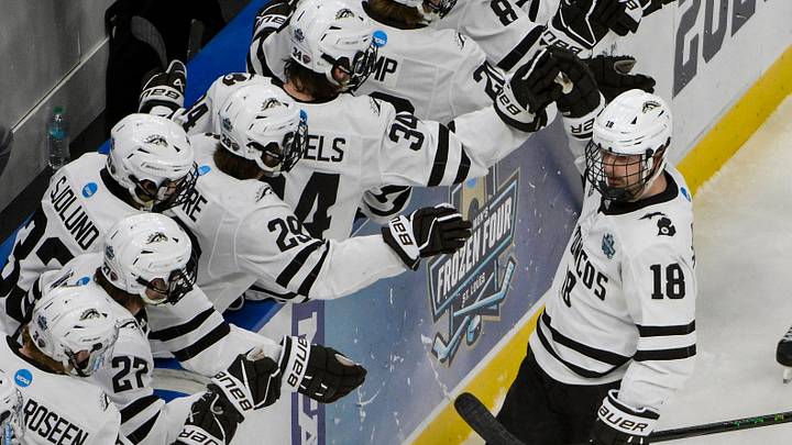 Apr 12, 2025; St. Louis, Missouri, UNITED STATES; The Western Michigan Broncos celebrate after scoring during the first period of the 2024-25 men's college hockey national championship. Mandatory Credit: Jeff Curry-Imagn Images Apr 12, 2025; St. Louis, Missouri, UNITED STATES; The Western Michigan Broncos celebrate after scoring during the first period of the 2024-25 men's college hockey national championship. Mandatory Credit: Jeff Curry-Imagn Images