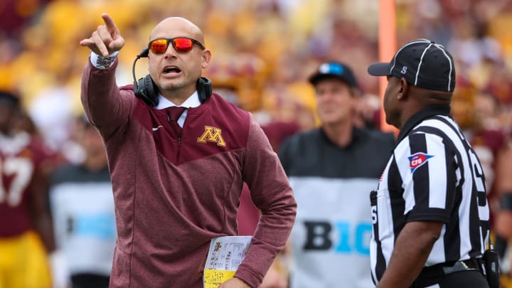 Oct 1, 2022; Minneapolis, Minnesota, USA; Minnesota Golden Gophers head coach P.J. Fleck reacts during the second quarter against the Purdue Boilermakers at Huntington Bank Stadium. Mandatory Credit: Matt Krohn-USA TODAY Sports Oct 1, 2022; Minneapolis, Minnesota, USA; Minnesota Golden Gophers head coach P.J. Fleck reacts during the second quarter against the Purdue Boilermakers at Huntington Bank Stadium. Mandatory Credit: Matt Krohn-USA TODAY Sports