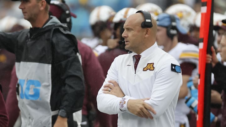 Sep 28, 2024; Ann Arbor, Michigan, USA;  Minnesota Golden Gophers head coach P. J. Fleck on the sideline in the first half against the Michigan Wolverines at Michigan Stadium. Mandatory Credit: Rick Osentoski-Imagn Images