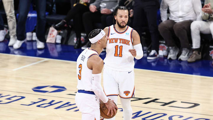 Apr 20, 2024; New York, New York, USA; New York Knicks guard Josh Hart (3) celebrates with guard Jalen Brunson (11) in the fourth quarter against the Philadelphia 76ers in game one of the first round for the 2024 NBA playoffs at Madison Square Garden. Mandatory Credit: Wendell Cruz-Imagn Images