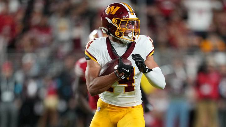 Oct 19, 2026; Santa Clara, California, USA; Washington Commanders WR Antonio Williams (14) runs after making a catch during the 4th quarter against the San Francisco 49ers at Levi's Stadium. Mandatory Credit: Cary Edmondson Oct 19, 2026; Santa Clara, California, USA; Washington Commanders WR Antonio Williams (14) runs after making a catch during the 4th quarter against the San Francisco 49ers at Levi's Stadium. Mandatory Credit: Cary Edmondson