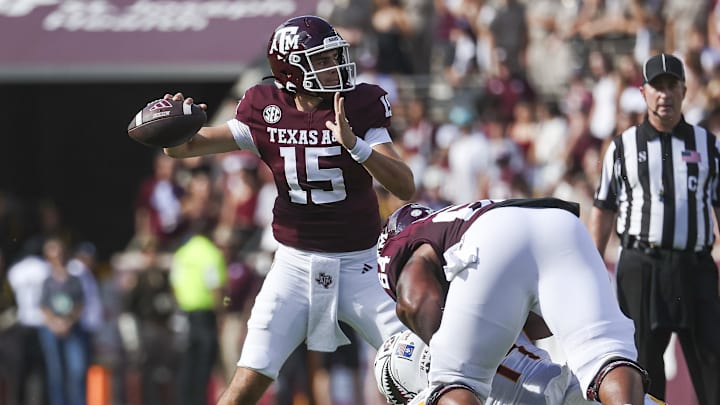 Sep 16, 2023; College Station, Texas, USA; Texas A&M Aggies quarterback Conner Weigman (15) attempts a pass during the second quarter against the Louisiana Monroe Warhawks at Kyle Field. Mandatory Credit: Troy Taormina-USA TODAY Sports