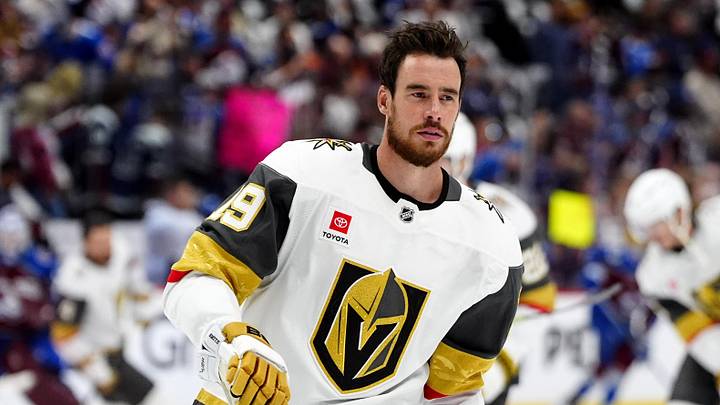 May 22, 2026; Denver, Colorado, USA; Vegas Golden Knights right wing Reilly Smith (19) warms up before a game against the Colorado Avalanche before game two of the Western Conference Final of the 2026 Stanley Cup Playoffs at Ball Arena. Mandatory Credit: Ron Chenoy-Imagn Images
