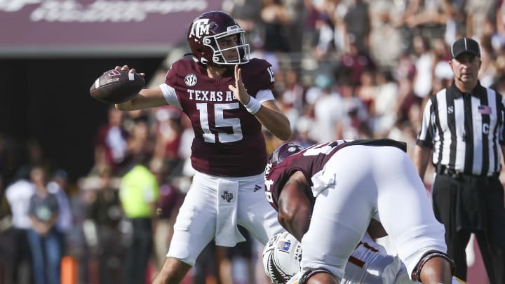 Sep 16, 2023; College Station, Texas, USA; Texas A&M Aggies quarterback Conner Weigman (15) attempts a pass during the second quarter against the Louisiana Monroe Warhawks at Kyle Field. Mandatory Credit: Troy Taormina-USA TODAY Sports Sep 16, 2023; College Station, Texas, USA; Texas A&M Aggies quarterback Conner Weigman (15) attempts a pass during the second quarter against the Louisiana Monroe Warhawks at Kyle Field. Mandatory Credit: Troy Taormina-USA TODAY Sports