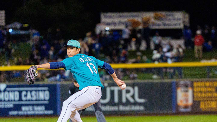 Seattle Mariners pitcher Shintaro Fujinami (13) on the mound during the seventh inning of a spring training game against the Los Angeles Dodgers at Peoria Sports Complex on March 7.