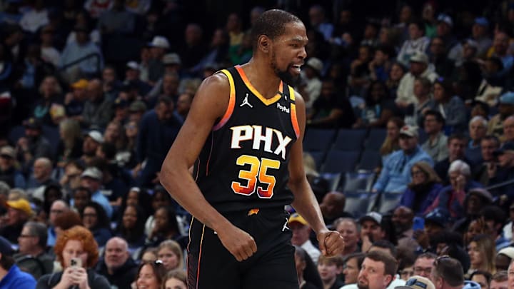 Mar 10, 2025; Memphis, Tennessee, USA; Phoenix Suns forward Kevin Durant (35) reacts during the first quarter against the Memphis Grizzlies at FedExForum. Mandatory Credit: Petre Thomas-Imagn Images