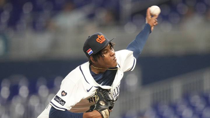 Mar 10, 2026; Miami, FL, United States; Netherlands pitcher Ryjeteri Merite (52) pitches in the first inning against Israel at loanDepot Park. Mandatory Credit: Jim Rassol-Imagn Images Mar 10, 2026; Miami, FL, United States; Netherlands pitcher Ryjeteri Merite (52) pitches in the first inning against Israel at loanDepot Park. Mandatory Credit: Jim Rassol-Imagn Images