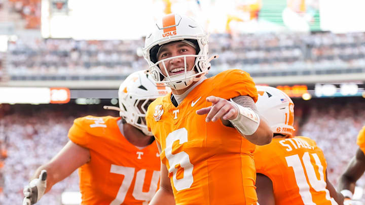 Tennessee quarterback Joey Aguilar (6) during a college football game between Tennessee and Georgia at Neyland Stadium in Knoxville, Tenn., on Sept. 13, 2025.