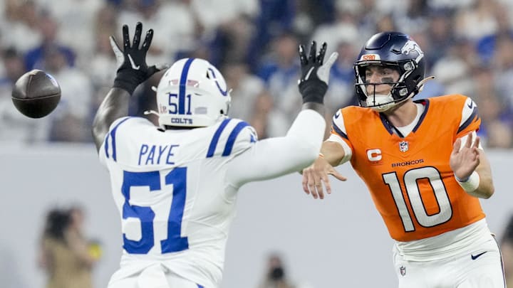 Sep 14, 2025; Indianapolis, Indiana, USA; Indianapolis Colts defensive end Kwity Paye (51) puts pressure on Denver Broncos quarterback Bo Nix (10) at Lucas Oil Stadium. Mandatory Credit: INDIANAPOLIS STAR-USA TODAY Network via Imagn Images