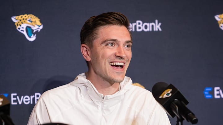 Apr 25, 2025; Jacksonville, FL, USA; Jacksonville Jaguars head general manager James Gladstone talks to the media during a press conference to introduce first round draft pick Travis Hunter (not pictured) at Miller Electric Center. Mandatory Credit: Travis Register-Imagn Images