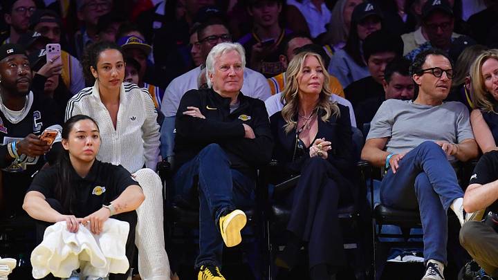 Mar 12, 2026; Los Angeles, California, USA; Los Angeles Lakers majority owner Mark Walter and team executive Jeannie Buss in attendance at Crypto.com Arena. Mandatory Credit: Gary A. Vasquez-Imagn Images
