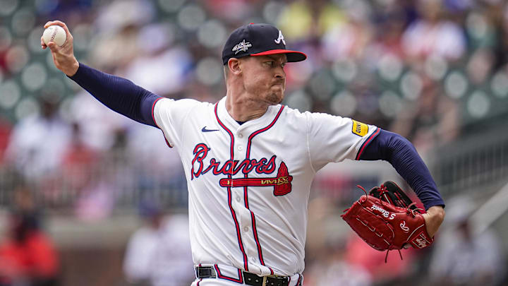 Jun 5, 2025; Cumberland, Georgia, USA; Atlanta Braves relief pitcher Scott Blewett (63) pitches against the Arizona Diamondbacks during the ninth inning at Truist Park. Mandatory Credit: Dale Zanine-Imagn Images