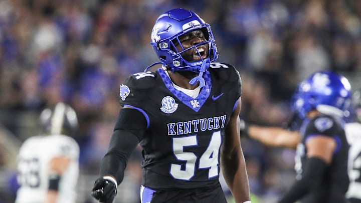 Linebacker D'Eryk Jackson (54) of the Kentucky Wildcats celebrates after making an interception against Vanderbilt in the first half. The Commodores defeated the Wildcats 20-13 at Kroger Field Saturday, Oct. 12, 2024 in Lexington, Ky. Linebacker D'Eryk Jackson (54) of the Kentucky Wildcats celebrates after making an interception against Vanderbilt in the first half. The Commodores defeated the Wildcats 20-13 at Kroger Field Saturday, Oct. 12, 2024 in Lexington, Ky.