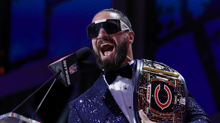 Apr 25, 2025; Green Bay, WI, USA; FWWE wrestler and Chicago Bears fan Seth Rollins taunts the crowd before announcing the team’s selection with the 56th overall pick during the second round of the 2025 NFL Draft at Lambeau Field. Mandatory Credit: Tork Mason/USA Today Network via Imagn Images