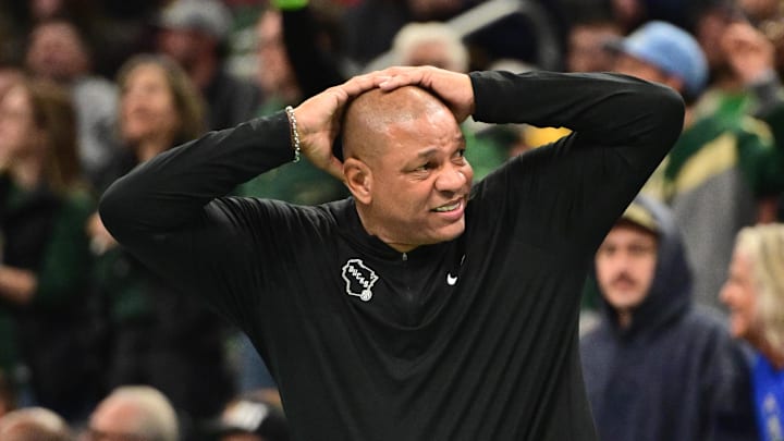 Nov 7, 2025; Milwaukee, Wisconsin, USA; Milwaukee Bucks head coach Doc Rivers reacts in the 4th quarter against the Chicago Bulls at Fiserv Forum. Mandatory Credit: Benny Sieu-Imagn Images