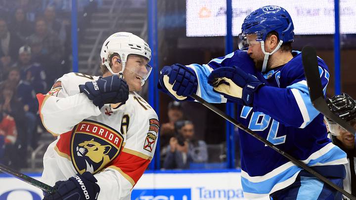 Feb 5, 2026; Tampa, Florida, USA; Florida Panthers left wing Matthew Tkachuk (19) and Tampa Bay Lightning defenseman Victor Hedman (77) fight during the second period at Benchmark International Arena. Mandatory Credit: Kim Klement Neitzel-Imagn Images Feb 5, 2026; Tampa, Florida, USA; Florida Panthers left wing Matthew Tkachuk (19) and Tampa Bay Lightning defenseman Victor Hedman (77) fight during the second period at Benchmark International Arena. Mandatory Credit: Kim Klement Neitzel-Imagn Images