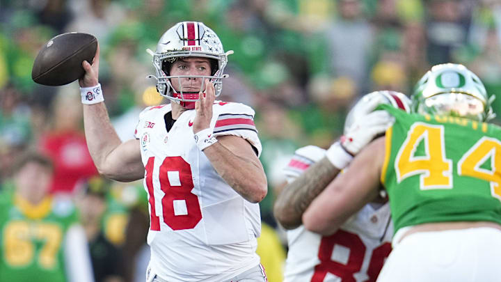 Ohio State Buckeyes quarterback Will Howard (18) throws during the first half of the College Football Playoff quarterfinal against the Oregon Ducks at the Rose Bowl in Pasadena, Calif. on Jan. 1, 2025.
