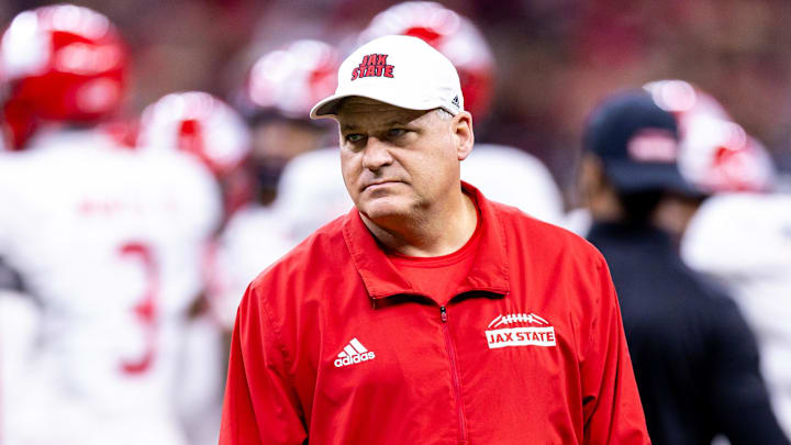 Dec 16, 2023; New Orleans, LA, USA;  Jacksonville State Gamecocks head coach Rich Rodriguez looks on against the Louisiana-Lafayette Ragin Cajuns during warmups at the Caesars Superdome. Mandatory Credit: Stephen Lew-Imagn Images