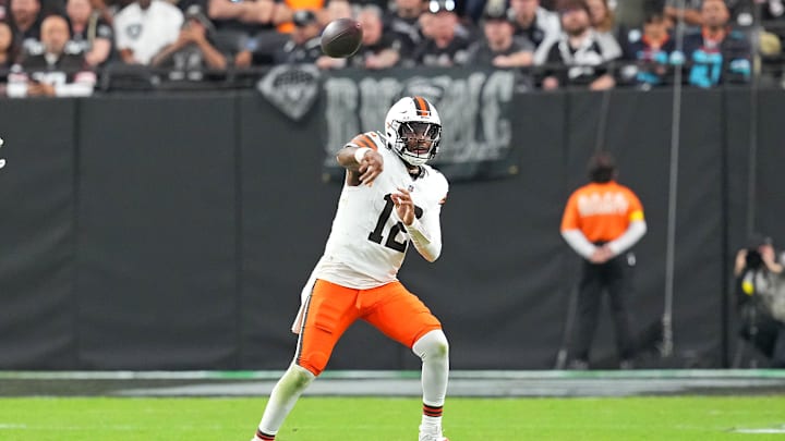 Nov 23, 2025; Paradise, Nevada, USA; Cleveland Browns quarterback Shedeur Sanders (12) makes a pass attempt against the Las Vegas Raiders during the fourth quarter at Allegiant Stadium. Mandatory Credit: Stephen R. Sylvanie-Imagn Images