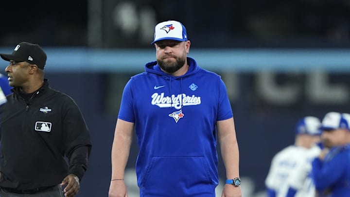 Nov 1, 2025; Toronto, Ontario, CAN; Toronto Blue Jays manager John Schneider (14) reacts after the benches clear in the fourth inning against the Los Angeles Dodgers during game seven of the 2025 MLB World Series at Rogers Centre. Mandatory Credit: John E. Sokolowski-Imagn Images Nov 1, 2025; Toronto, Ontario, CAN; Toronto Blue Jays manager John Schneider (14) reacts after the benches clear in the fourth inning against the Los Angeles Dodgers during game seven of the 2025 MLB World Series at Rogers Centre. Mandatory Credit: John E. Sokolowski-Imagn Images