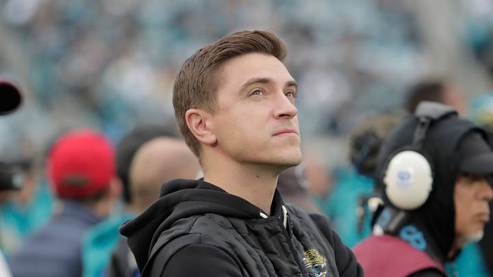 Jan 4, 2026; Jacksonville, Florida, USA; Jacksonville Jaguars general manager James Gladstone looks on from the sideline against the Tennessee Titans during the fourth quarter at EverBank Stadium. Mandatory Credit: Travis Register-Imagn Images