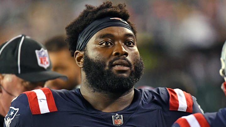 Aug 19, 2021; Philadelphia, Pennsylvania, USA; New England Patriots offensive guard Mike Onwenu (71)