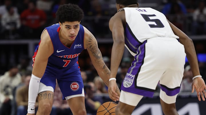 Jan 9, 2024; Detroit, Michigan, USA;  Detroit Pistons guard Killian Hayes (7) dribbles defended by