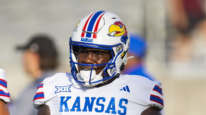Oct 5, 2024; Tempe, Arizona, USA; Kansas Jayhawks linebacker JB Brown (1) against the Arizona State Sun Devils at Mountain America Stadium. Mandatory Credit: Mark J. Rebilas-Imagn Images