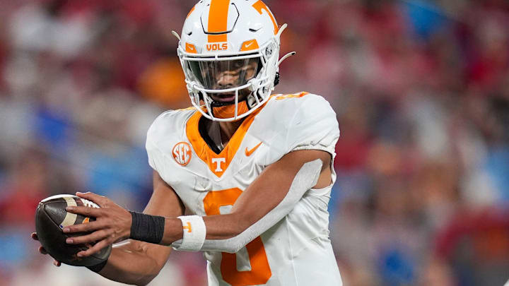Tennessee quarterback Nico Iamaleava (8) gets the snap during the NCAA College football game against NC State on Saturday, Sept. 7, 2024 in Charlotte, NC.