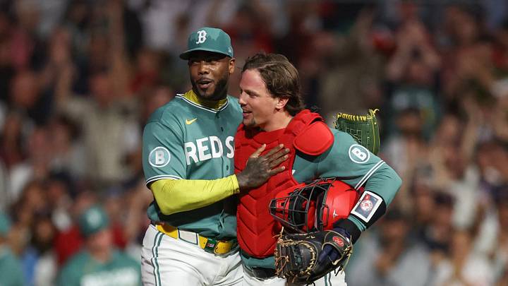 Aug 21, 2026; Boston, Massachusetts, USA; Boston Red Sox relief pitcher Aroldis Chapman (44) and catcher Adley Rutschman (31) celebrate after defeating the San Francisco Giants at Fenway Park. Mandatory Credit: Paul Rutherford-Imagn Images Aug 21, 2026; Boston, Massachusetts, USA; Boston Red Sox relief pitcher Aroldis Chapman (44) and catcher Adley Rutschman (31) celebrate after defeating the San Francisco Giants at Fenway Park. Mandatory Credit: Paul Rutherford-Imagn Images