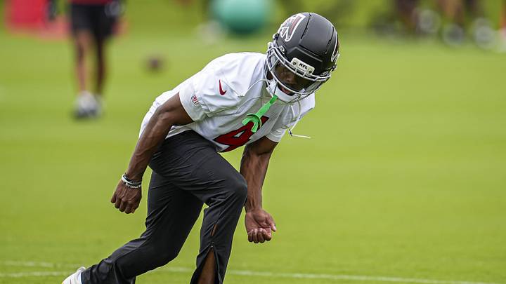 Jun 16, 2026; Atlanta, GA, USA; Atlanta Falcons wide receiver Jahan Dotson (4) participates on the field during Minicamp. Mandatory Credit: Dale Zanine-Imagn Images