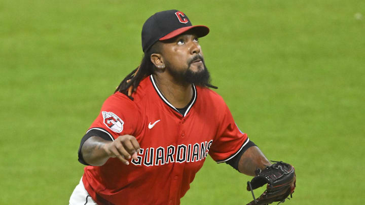 Jul 22, 2025; Cleveland, Ohio, USA; Cleveland Guardians relief pitcher Emmanuel Clase (48) watches a fly ball on the final out of a game in the ninth inning against the Baltimore Orioles at Progressive Field. Mandatory Credit: David Richard-Imagn Images