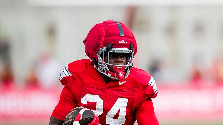 Running back Ja'kobi Jackson (24) runs the ball during the Ohio State football spring game at Ohio Stadium on Saturday, April 18, 2026 in Columbus, Ohio.