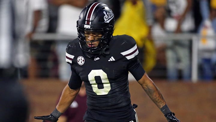 Sep 6, 2025; Starkville, Mississippi, USA; Mississippi State Bulldogs wide receiver Brenen Thompson (0) reacts after a touchdown during the fourth quarter against the Arizona State Sun Devils at Davis Wade Stadium at Scott Field. Mandatory Credit: Petre Thomas-Imagn Images