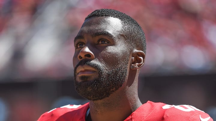 August 24, 2014; Santa Clara, CA, USA; San Francisco 49ers wide receiver L'Damian Washington (82) during the second quarter against the San Diego Chargers at Levi's Stadium. The 49ers defeated the Chargers 21-7. Mandatory Credit: Kyle Terada-Imagn Images