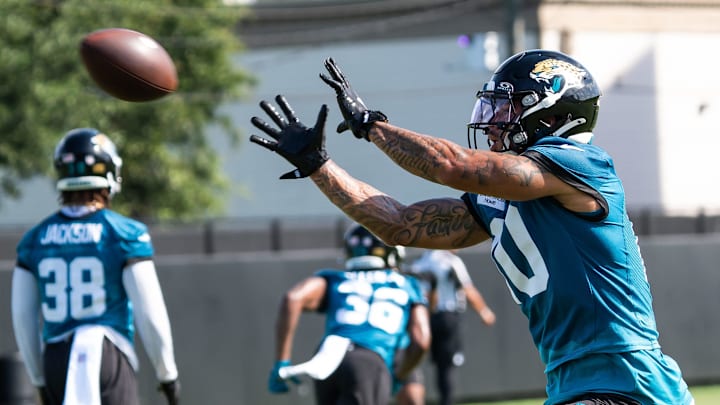 Jacksonville Jaguars wide receiver Eli Pancol (10) runs a passing drill during the Jacksonville Jaguars’ third mandatory minicamp Thursday June 12, 2025 at the Miller Electric Center in Jacksonville, Fla. [Doug Engle/Florida Times-Union]