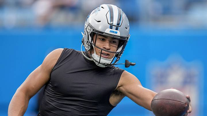 Jan 10, 2026; Charlotte, NC, USA; Carolina Panthers wide receiver Jalen Coker (18) during pregame warm ups before the NFC Wild Card Round game between the Carolina Panthers and the Los Angeles Rams at Bank of America Stadium. Mandatory Credit: Jim Dedmon-Imagn Images