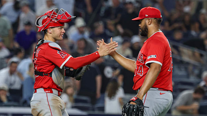 Jun 18, 2025; Bronx, New York, USA; Los Angeles Angels relief pitcher Kenley Jansen (74) celebrates with catcher Logan O'Hoppe (14) closing the game against the New York Yankees at Yankee Stadium. Mandatory Credit: Vincent Carchietta-Imagn Images