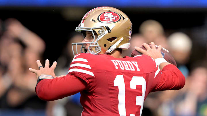 Sep 22, 2024; Inglewood, California, USA; San Francisco 49ers quarterback Brock Purdy (13) throws a pass in the second half at SoFi Stadium. Mandatory Credit: Jayne Kamin-Oncea-Imagn Images