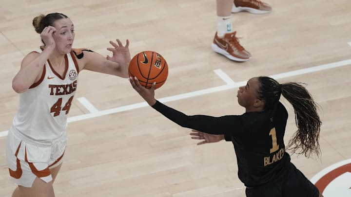 Vanderbilt Commodores guard Mikayla Blakes (1) drives to the basket against Texas Longhorns forward Taylor Jones (44) during the second half at Moody Center.