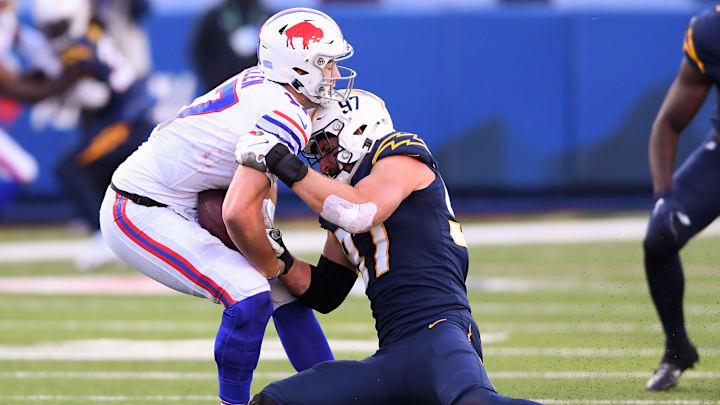 Los Angeles Chargers defensive end Joey Bosa (97) sacks Buffalo Bills quarterback Josh Allen (17)