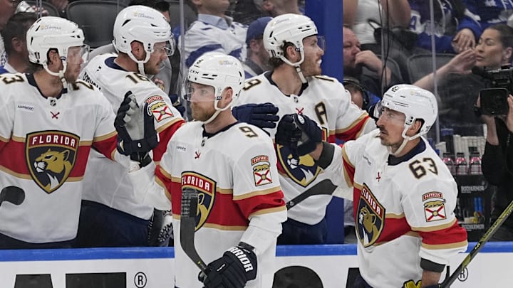 May 14, 2025; Toronto, Ontario, CAN; Florida Panthers forward Sam Bennett (9) gets congratulated after a goal against the Toronto Maple Leafs during the third period of game five of the second round of the 2025 Stanley Cup Playoffs at Scotiabank Arena. Mandatory Credit: John E. Sokolowski-Imagn Images
