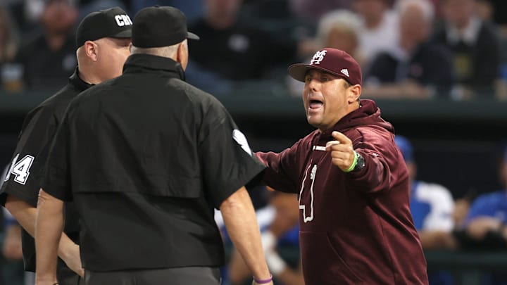 Mississippi State Bulldogs Head Coach Chris Lemonis storms the field to yell at the umpires after he is tossed from the game against the Memphis Tigers at AutoZone Park on Tuesday, March 29, 2022.