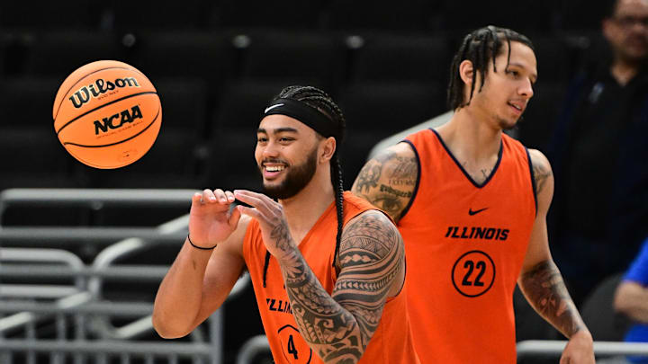Mar 20, 2025; Milwaukee, WI, USA; Illinois Fighting Illini guard Kylan Boswell (4) and guard Tre White (22) work out during NCAA Tournament First Round Practice at Fiserv Forum. Mandatory Credit: Benny Sieu-Imagn Images