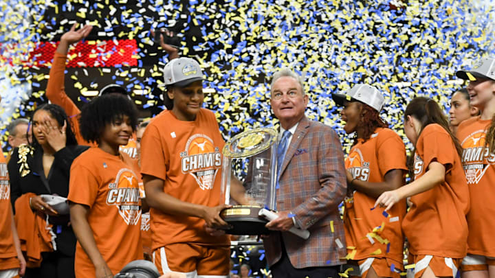 The Texas Longhorns celebrate Sunday, March 8, 2026, after the SEC Women's Basketball Tournament Championship game against the South Carolina Gamecocks at Bon Secours Wellness Arena in Greenville, South Carolina. Texas Longhorns won 78-61.