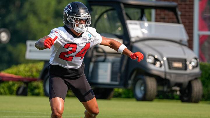 Jul 30, 2026; Atlanta, Falcons, USA; Atlanta Falcons cornerback A.J. Terrell Jr. (24) runs during a drill during training camp at IBM Performance Field. Mandatory Credit: Dale Zanine-Imagn Images
