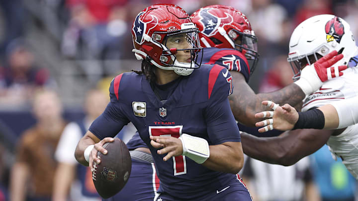 Nov 19, 2023; Houston, Texas, USA; Houston Texans quarterback C.J. Stroud (7) looks for an open